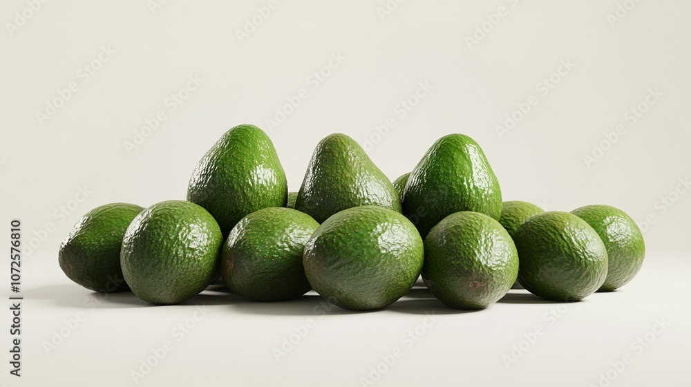 A group of 12 whole green avocados on a white background. A group of 12 whole green avocados on a white background.
