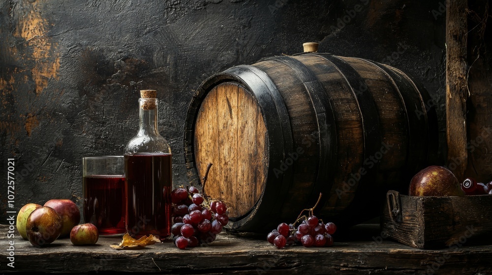 Wine barrel and fresh grapes on rustic background Wine barrel and fresh grapes on rustic background