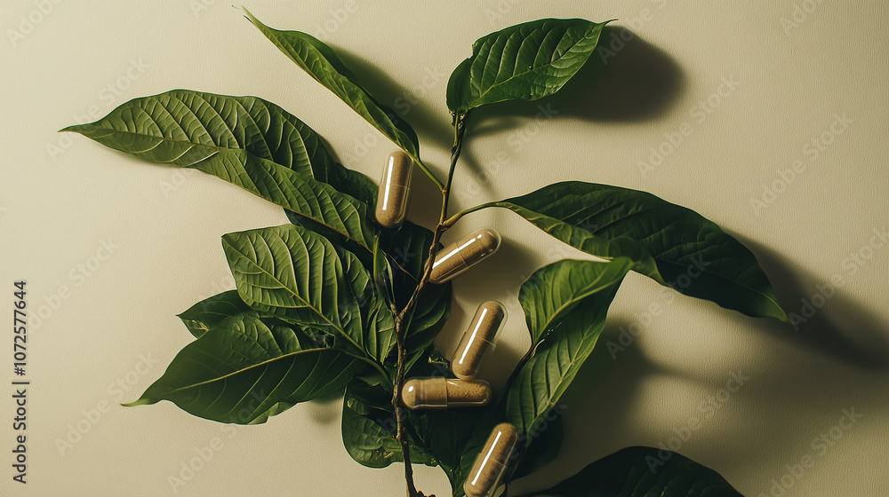 Obraz premium Proszek Kratomu, świeże zielone liście oraz kapsułki, które ilustrują tradycyjne, alternatywne podejście do medycyny.