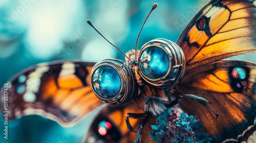 Steampunk-inspired butterfly with mechanical eyes photo