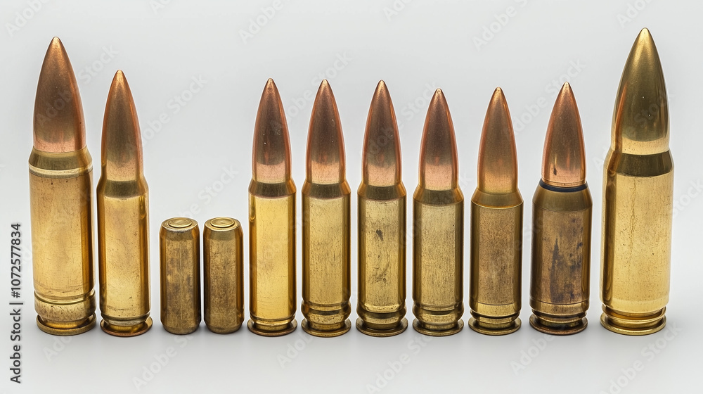 Obraz premium Różnorodność łusek pocisków, wykorzystywanych do produkcji amunicji wojskowej. 