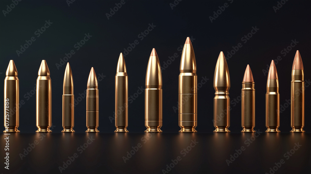 Obraz premium Różnorodność łusek pocisków, wykorzystywanych do produkcji amunicji wojskowej. 
