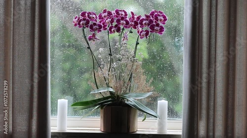 Relaxing video of soft rain on window glass with orchid vase and Christmas candles