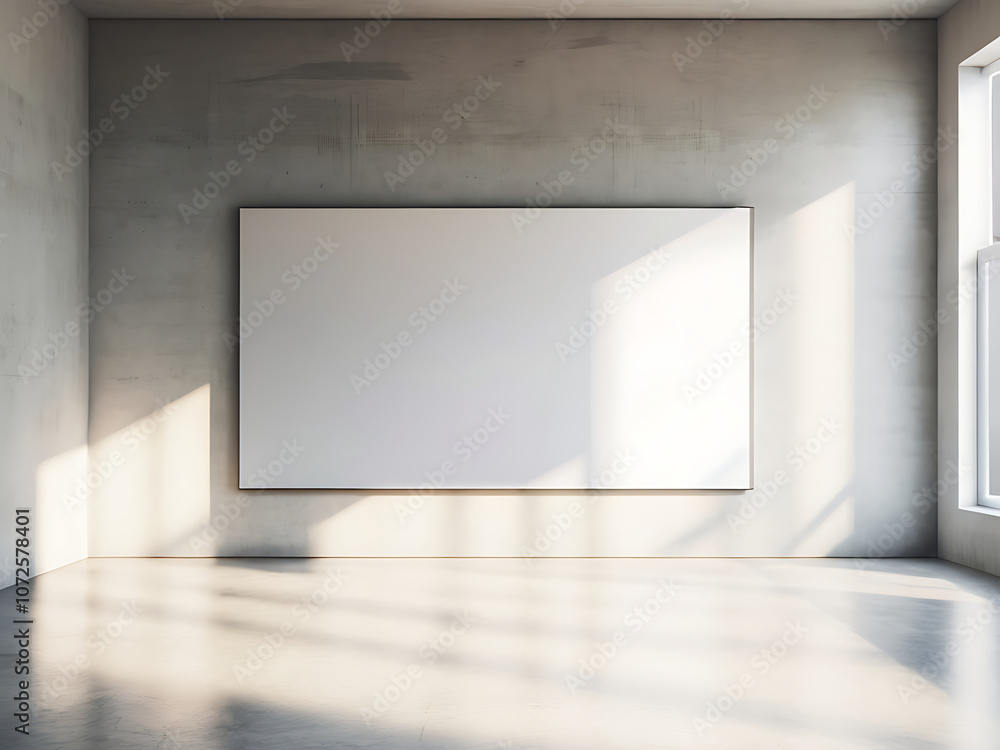 Modern concrete room with blank poster on wall, sunlight casting shadows. Modern concrete room with blank poster on wall, sunlight casting shadows.