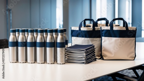 Set of stainless steel water bottles and reusable bags on a clean conference table with copy space