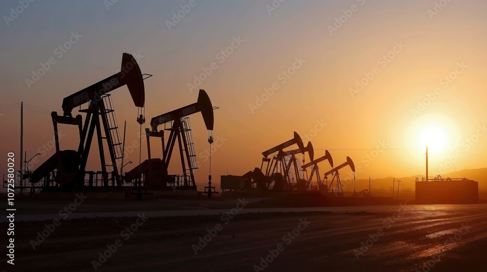 Silhouette of oil pump jacks at sunset in an oil field, depicting energy production and extraction Silhouette of oil pump jacks at sunset in an oil field, depicting energy production and extraction