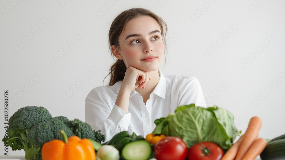 新鮮な野菜を前に考える女性