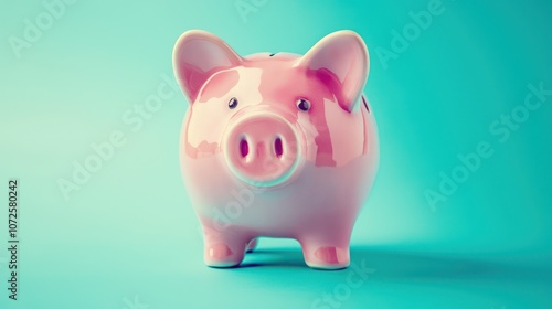 A whimsical piggy bank on a vibrant turquoise background, symbolizing savings and financial aspirations