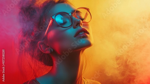 Portrait of woman with vibrant colored lighting and fog