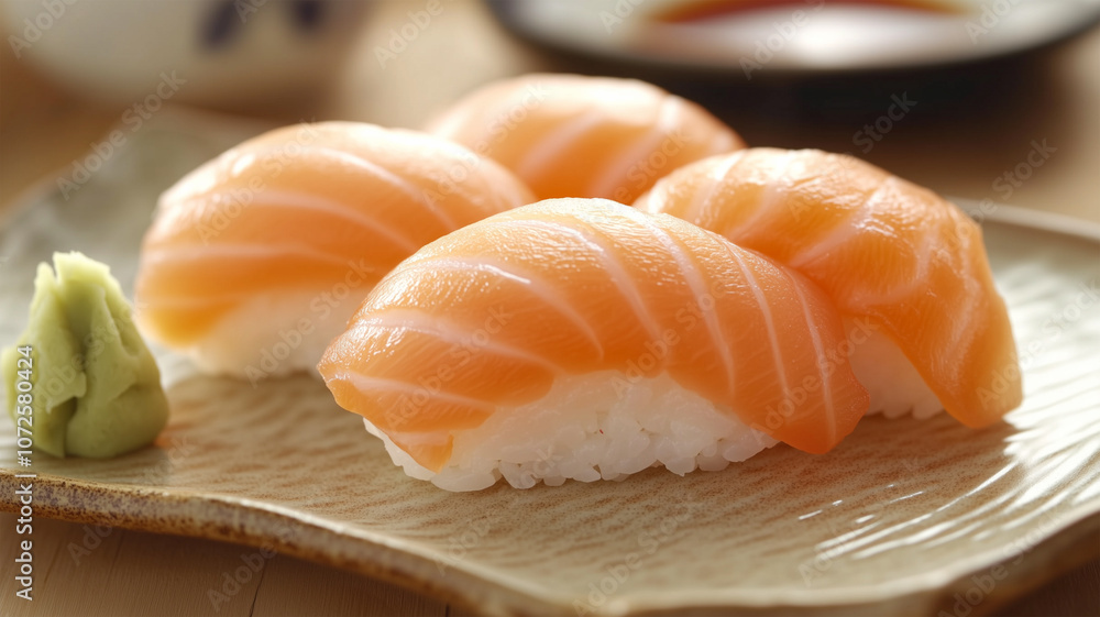 新鮮な握り寿司と和風茶碗の美しい盛り付け