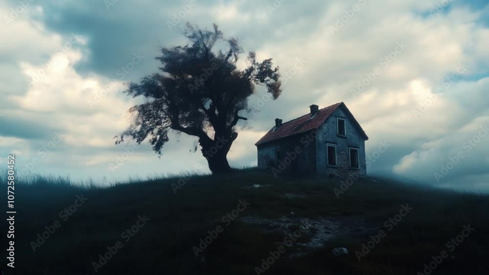 Atmospheric landscape of an abandoned house under a stormy sky
Atmospheric landscape of an abandoned house under a stormy sky