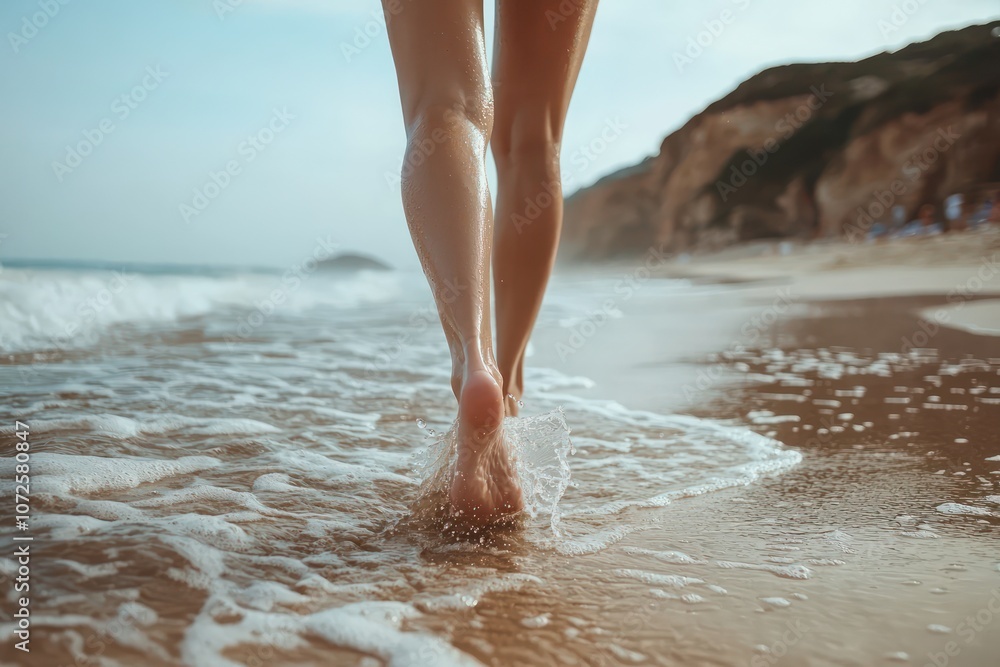 A woman's legs captured mid-walk on a sandy beach, the waves gently brushing against her feet, conveying a sense of peace and freedom A woman's legs captured mid-walk on a sandy beach, the waves gently brushing against her feet, conveying a sense of peace and freedom