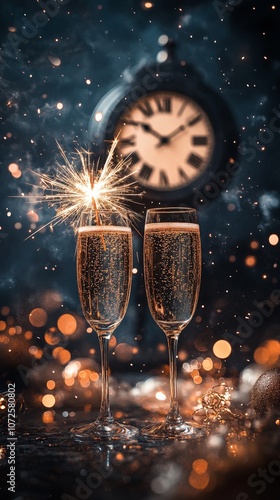 New Year's Eve fireworks with champagne glasses and party decorations photo