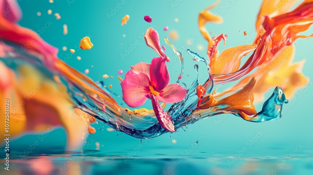 Obraz premium Abstract splash of colors with a pink flower on blue background