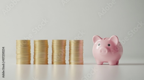 Pink piggy bank with growing coin stacks, symbolizing financial savings