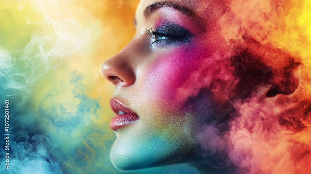 Woman's face with colorful makeup surrounded by smoke Woman's face with colorful makeup surrounded by smoke