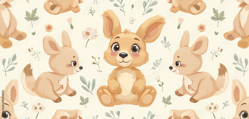 Naklejka premium Cartoon Bunnies Sitting with Floral Accents in a Whimsical Pattern