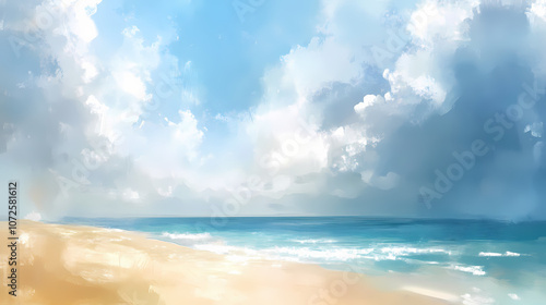 An abstract painting depicting a coastal scene with a blue ocean, sandy beach, and a cloudy sky. Abstract. Illustration