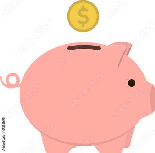 Pink piggy bank and dolar coin. Vector illustration.