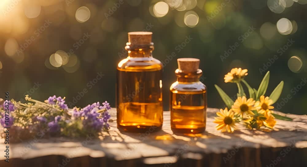 Two amber bottles of essential oil are standing on a wooden stump outside with dried herbs and flowers surrounding them The sunlight is shining on the essential oil bottles 4K Two amber bottles of essential oil are standing on a wooden stump outside with dried herbs and flowers surrounding them The sunlight is shining on the essential oil bottles 4K