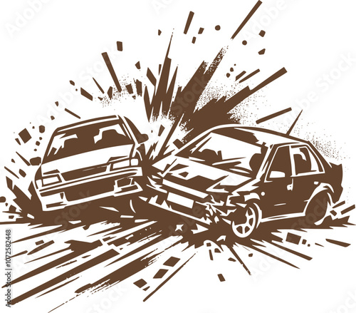 A gritty silhouette of two cars colliding in a chaotic crash