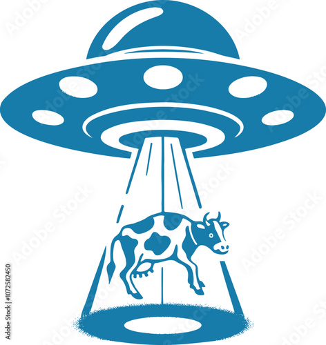 A minimalist silhouette of a UFO abducting a cow stencil drawing with splashes and blots