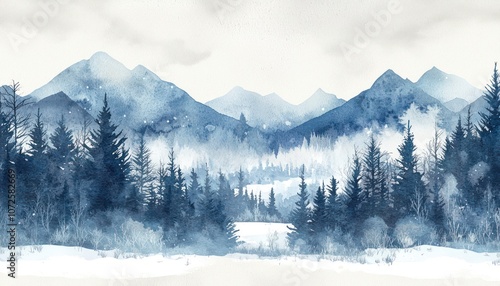 Wallpaper Mural Abstract Winter Landscape - An abstract watercolor illustration of a winter landscape with trees and mountains. Torontodigital.ca