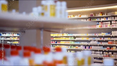 A wide-angle view of a modern pharmacy with rows of colorful medicine bottles lined up on shelves, the background softly blurred to highlight the bright.