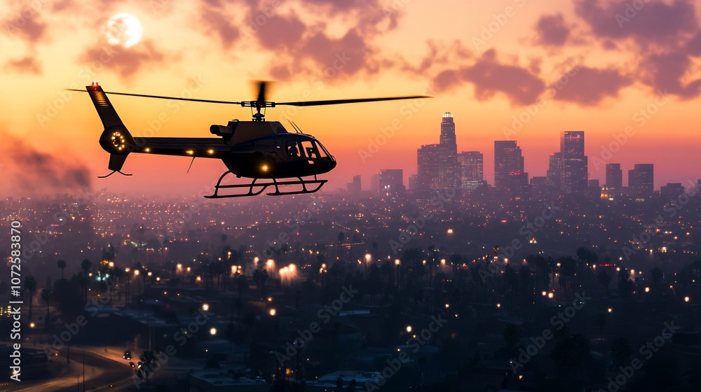 A black helicopter flies over a cityscape at sunset with a full moon in the sky. A black helicopter flies over a cityscape at sunset with a full moon in the sky.