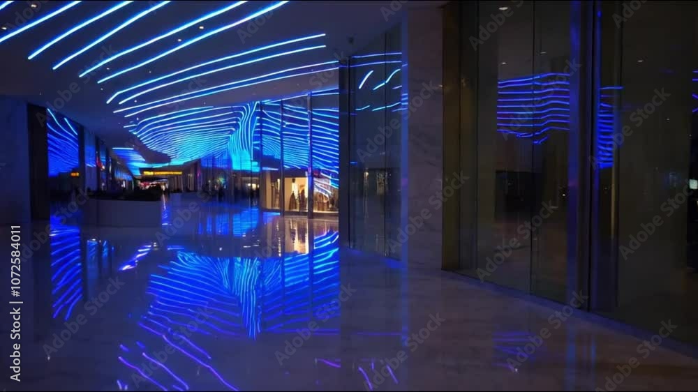 An abstract perspective of a contemporary mall featuring glowing blue neon lights that reflect off polished surfaces, creating a cool, stylish ambiance with a hint of urban sophistication. An abstract perspective of a contemporary mall featuring glowing blue neon lights that reflect off polished surfaces, creating a cool, stylish ambiance with a hint of urban sophistication.
