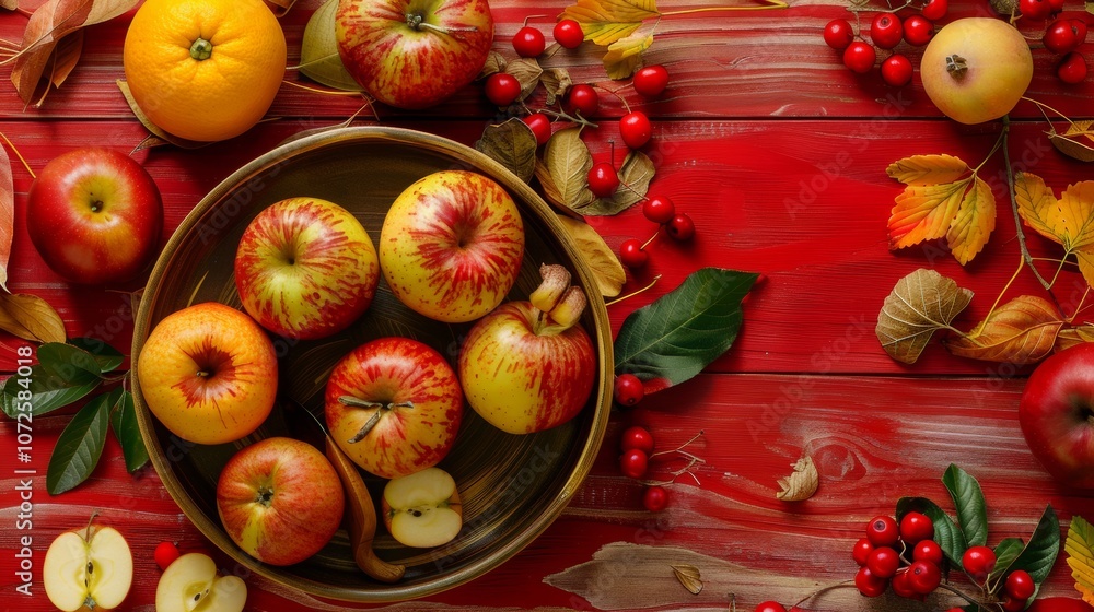 Autumn apples and berries on rustic red wooden background Autumn apples and berries on rustic red wooden background