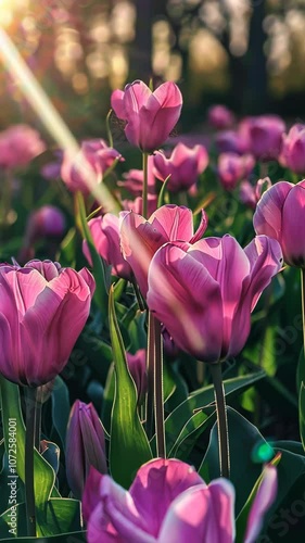 Pink tulips in sunlight with green leaves, nature photography. Springtime bloom and serenity concept