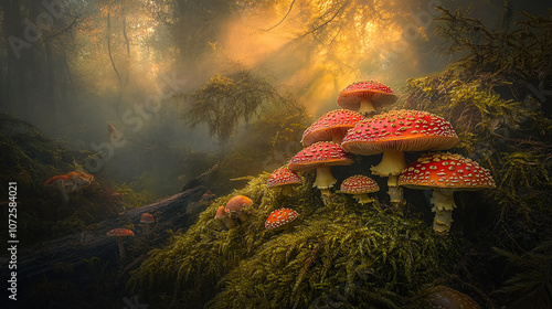 Fairy-tale Amanita muscaria mushrooms