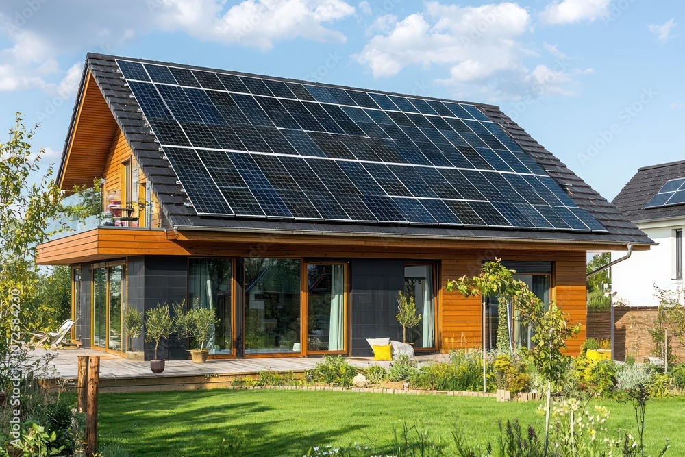 Contemporary home adorned with solar panels on the roof Contemporary home adorned with solar panels on the roof