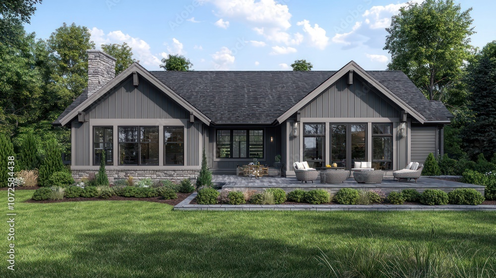 Rear view a spacious gray craftsman-style house with a landscaped yard Rear view a spacious gray craftsman-style house with a landscaped yard