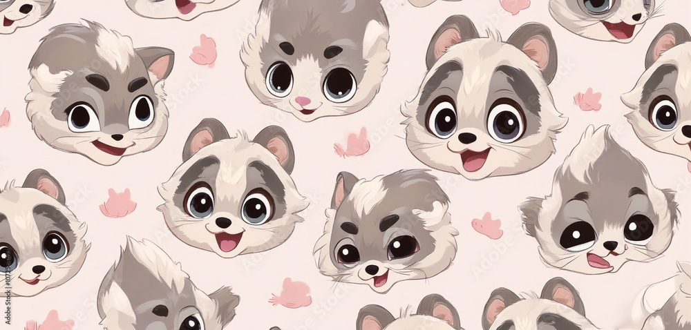Fototapeta premium Cartoon Baby Raccoon Faces with Soft Pink Pastel Background Pattern