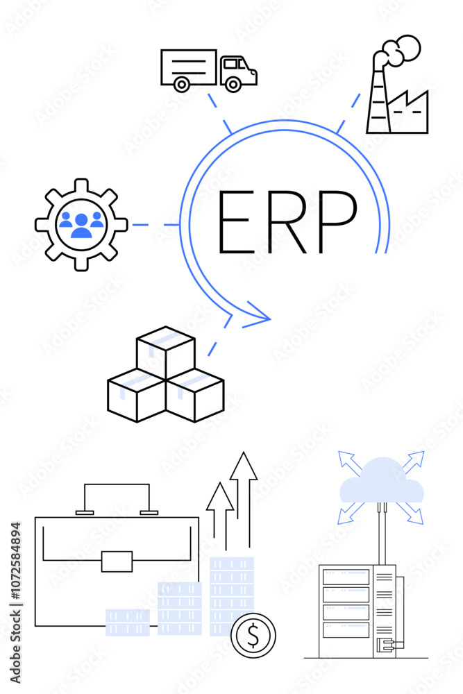 ERP acronym in center with gear for human resources, delivery truck, factory, cubes, briefcase, graphs, cloud, and server. Ideal for business management logistics manufacturing IT solutions ERP acronym in center with gear for human resources, delivery truck, factory, cubes, briefcase, graphs, cloud, and server. Ideal for business management logistics manufacturing IT solutions