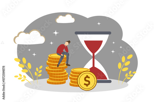 A woman, money and an hourglass. The concept of passive income and financial success