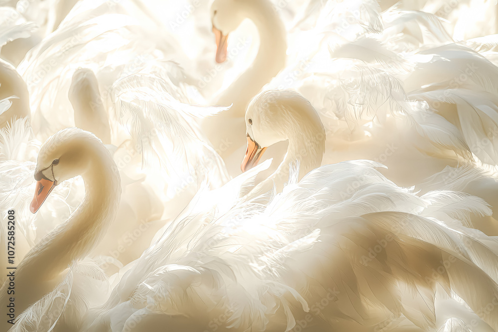 Obraz premium Flock of white swans are huddled together, with one of them looking directly at the camera. Concept of unity and togetherness among the birds, as they seem to be enjoying each other's company