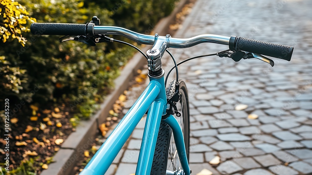 Close-up of bicycle handlebars on a cobblestone path surrounded by greenery. Close-up of bicycle handlebars on a cobblestone path surrounded by greenery.