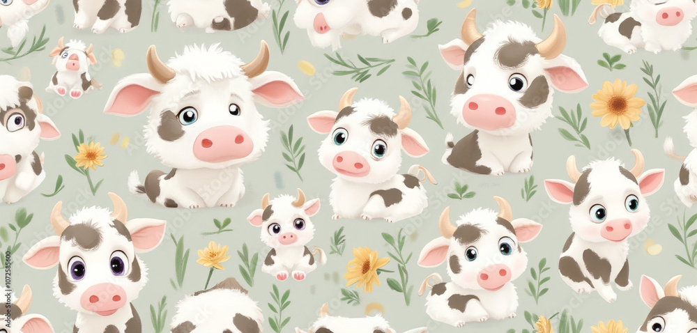 Cartoon Cow Pattern with Pastel Background and Floral Motifs Cartoon Cow Pattern with Pastel Background and Floral Motifs