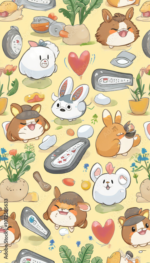 Fototapeta premium Cute Cartoon Farm Animals and Vegetables Pattern in Vibrant Colors