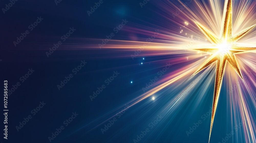 Obraz premium Golden star with sparkling lights on a glowing blue background.