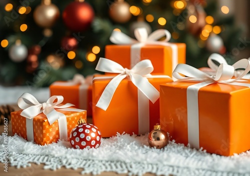 wrapped orange christmas gift parcels with white ribbons with a blurred background of a christmas tree and lights