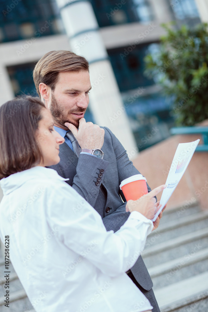 Serious young male and female business people meeting in front of an office building, talking and discussing. Woman is showing graphs to a man