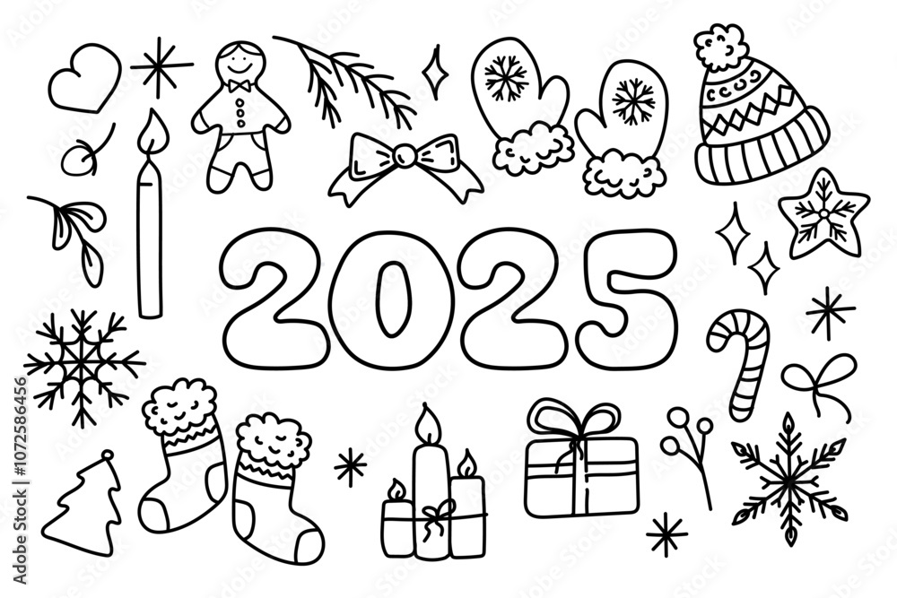 Obraz premium Happy New Year 2025 doodle elements, set of winter elements in black color isolated on white background.