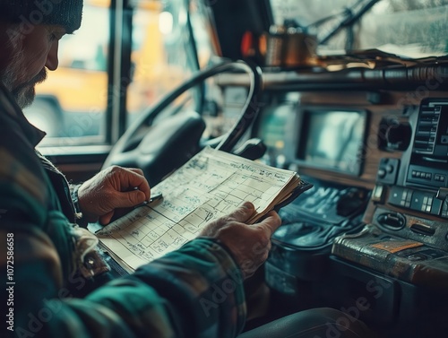 A closeup of a driver preparing a logbook for a long haul, Documentation, Detailed and focused