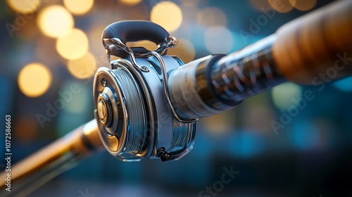 Wallpaper Mural A close-up of a fishing reel on a rod with a blurry background of twinkling lights. Torontodigital.ca