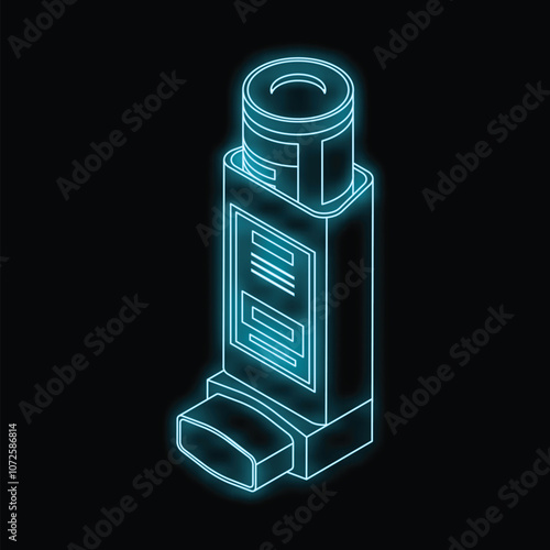Neon blue inhaler glowing on black background, concept for asthma and respiratory problems