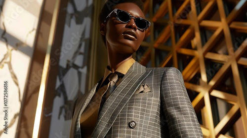 A model wearing a sophisticated business suit, showcasing power dressing.